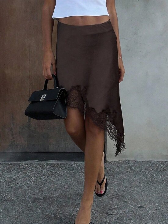 Dresses & Skirts - Coffee Brown Elegant Women's Color Asymmetrical Satin Lace Patchwork Skirt